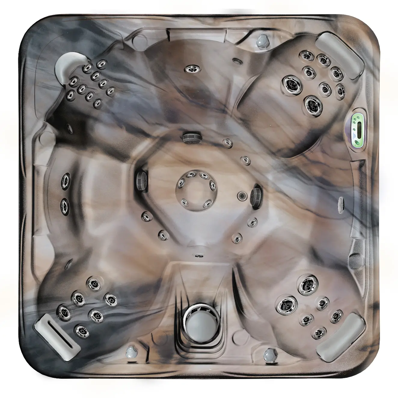Overhead view of luxurious hot tub spa equipment with multiple jets and seating areas