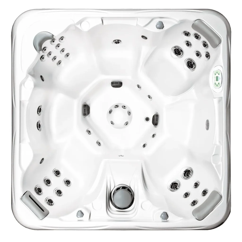 Overhead view of luxury hot tub with multiple jets and spa equipment controls