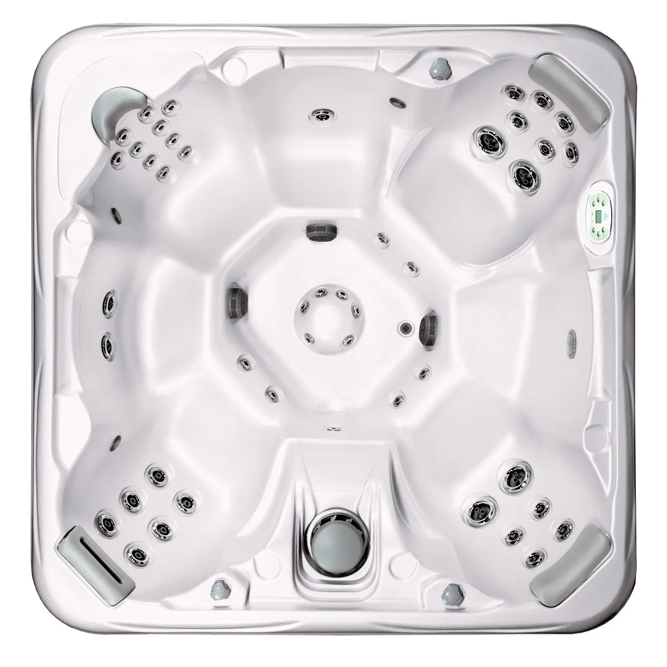 Overhead view of luxury hot tub spa equipment with multiple jets and controls