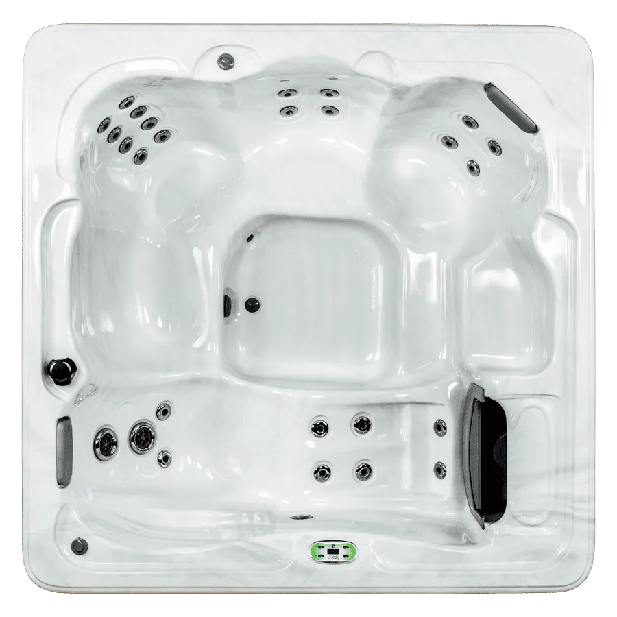 Overhead view of luxurious hot tub with multiple jets and seating for family spas