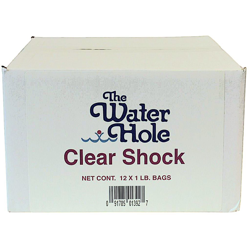 The Water Hole Clear Shock pool maintenance product box containing 12 one-pound bags