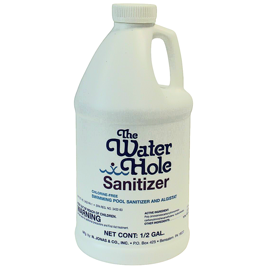 The Water Hole chlorine-free swimming pool sanitizer bottle for pool maintenance products