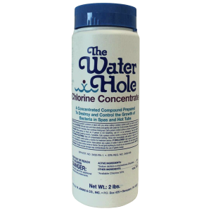 The Water Hole chlorine concentrate bottle for pool and hot tub maintenance