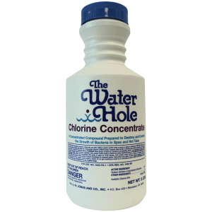 The Water Hole chlorine concentrate bottle for pool and hot tub maintenance products
