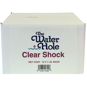 The Water Hole Clear Shock pool maintenance product box containing 12 one-pound bags