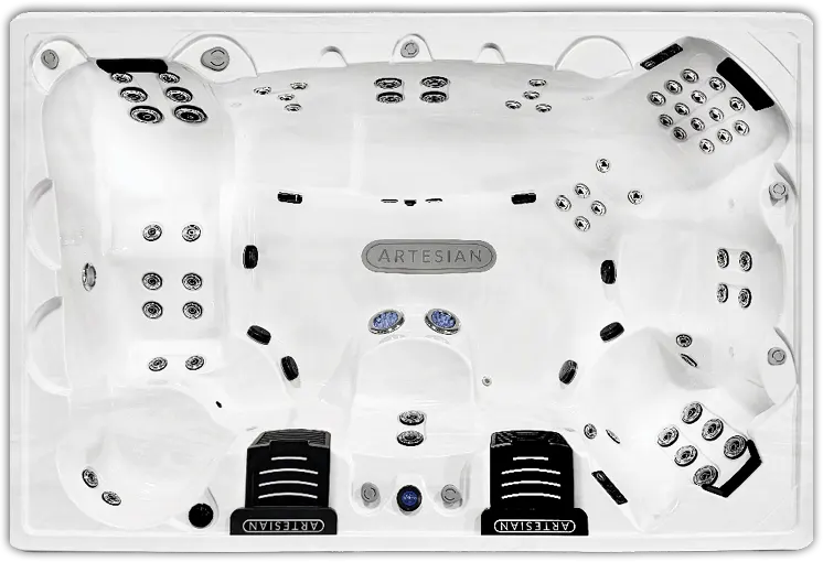 Artesian hot tub spa equipment overhead view featuring jet controls and hydrotherapy systems