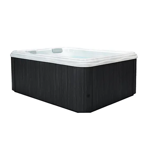 Black rectangular hot tub with white acrylic interior and jets for spa relaxation