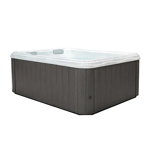 Modern hot tub with gray exterior cabinet and white acrylic interior shell