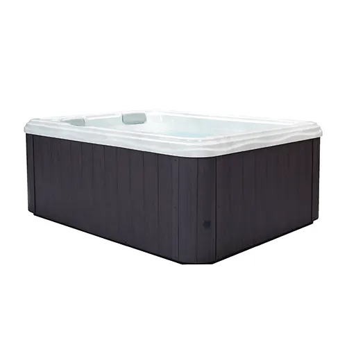 Black rectangular hot tub with white spa equipment and jets installed