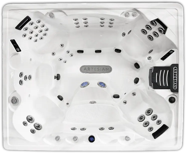 Artesian hot tub spa equipment jets and control system overhead view