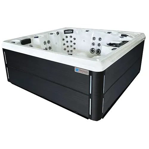 Modern black and white hot tub with jets and seating for outdoor spa relaxation