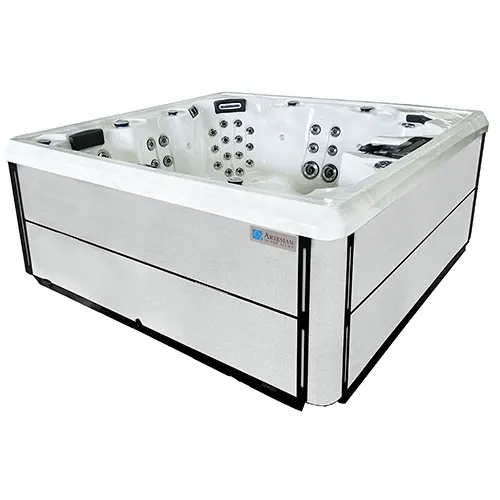 White rectangular hot tub spa with jets and control panel for backyard relaxation