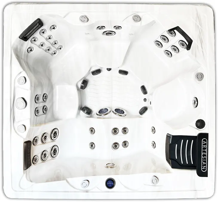 Overhead view of luxury hot tub with jets, seats, and spa equipment installation