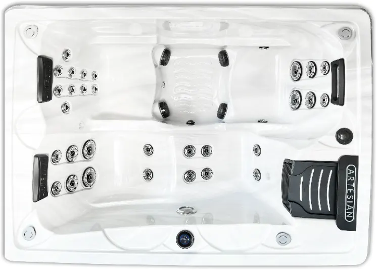 Overhead view of hot tub interior showing jets, seating, and spa equipment layout