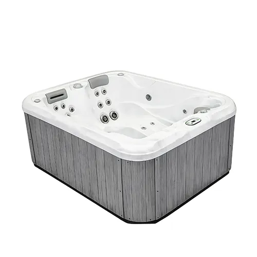 Modern hot tub spa with gray wood exterior and white acrylic interior jets
