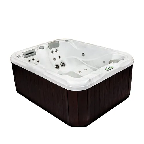 Luxurious hot tub with white interior, dark exterior cabinet, and multiple massage jets for spa equipment