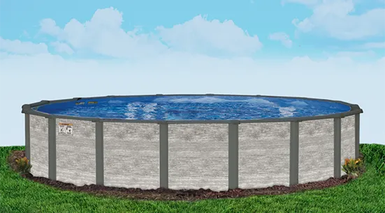 Cypress Ridge above-ground pool with gray metal frame and blue water in residential yard