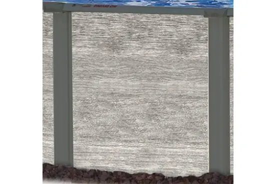 Concrete in-ground pool wall with steel support posts and surrounding soil
