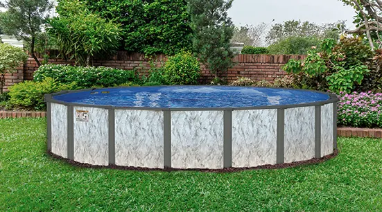 Large round above-ground pool with blue cover in residential backyard
