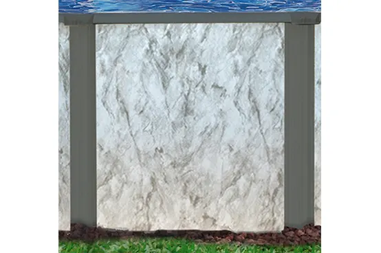 Above-ground pool wall panel installed with metal frame and ground preparation