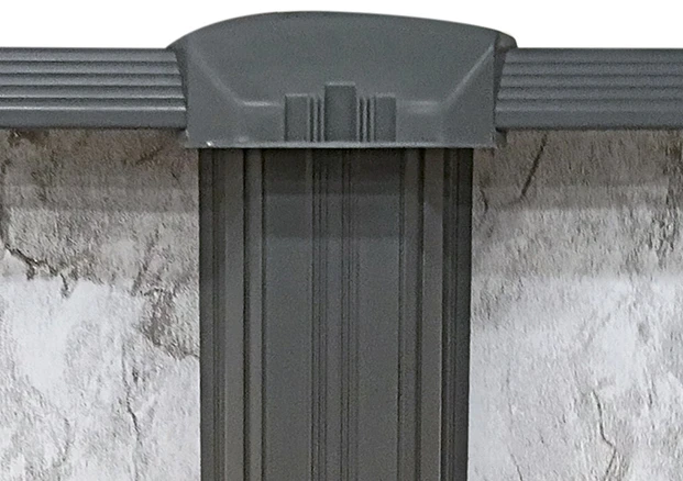 Above-ground pool wall track system with gray vinyl liner and mounting hardware